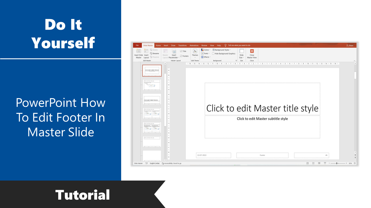 Slide showing how to edit the footer in PowerPoint's master slide view, with a screenshot of the master layout.