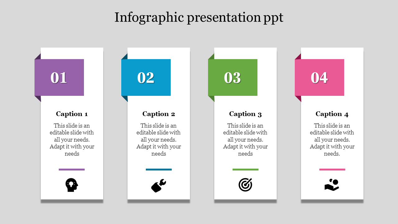 Infographic slide with four numbered columns and icons for each step with text captions.