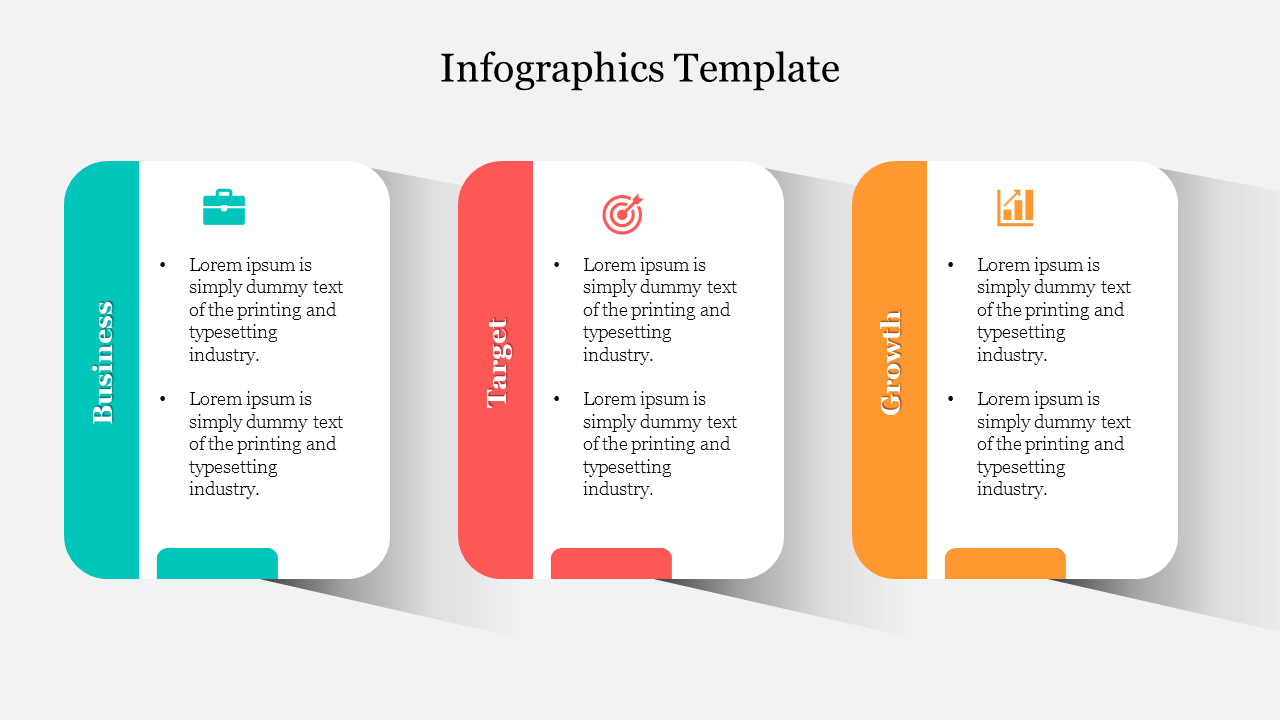 Three-part infographic design showcasing sections for business, target, and growth, each with color-coded labels and icons.