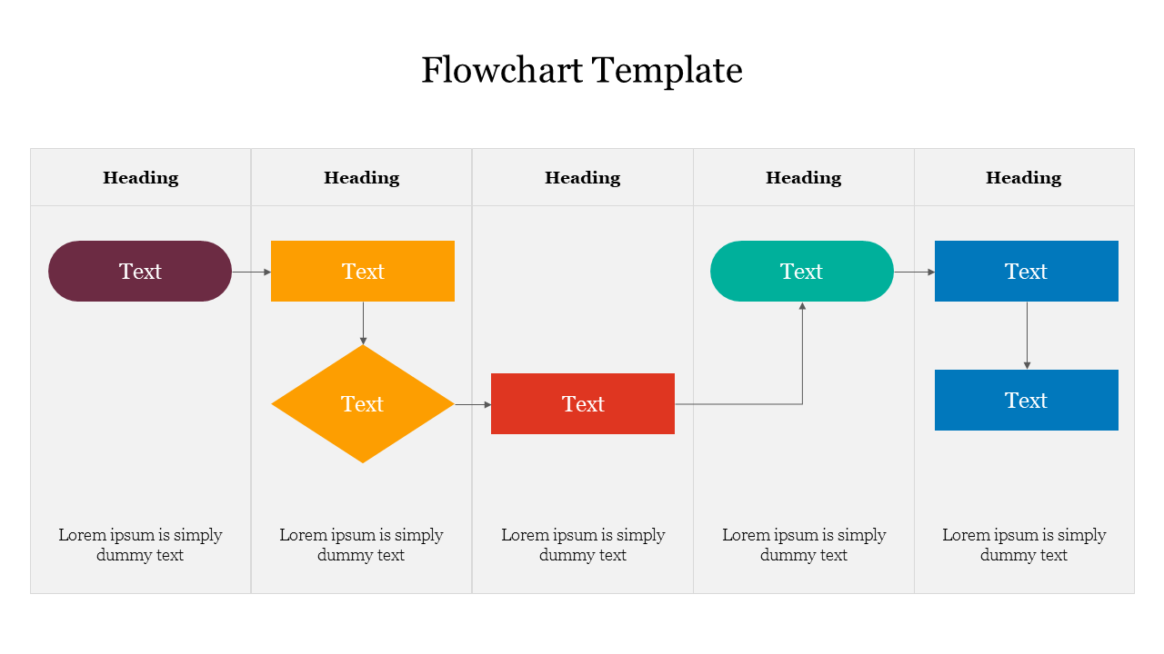 Flowchart template with colored shapes in purple, orange, red, teal, and blue, connected by arrows with placeholder text.