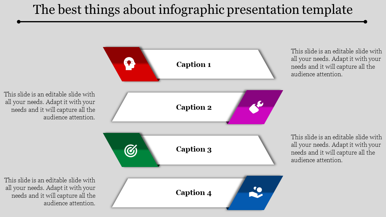 Business infographic with four horizontal segments in red, purple, green, and blue, each containing captions and icons.