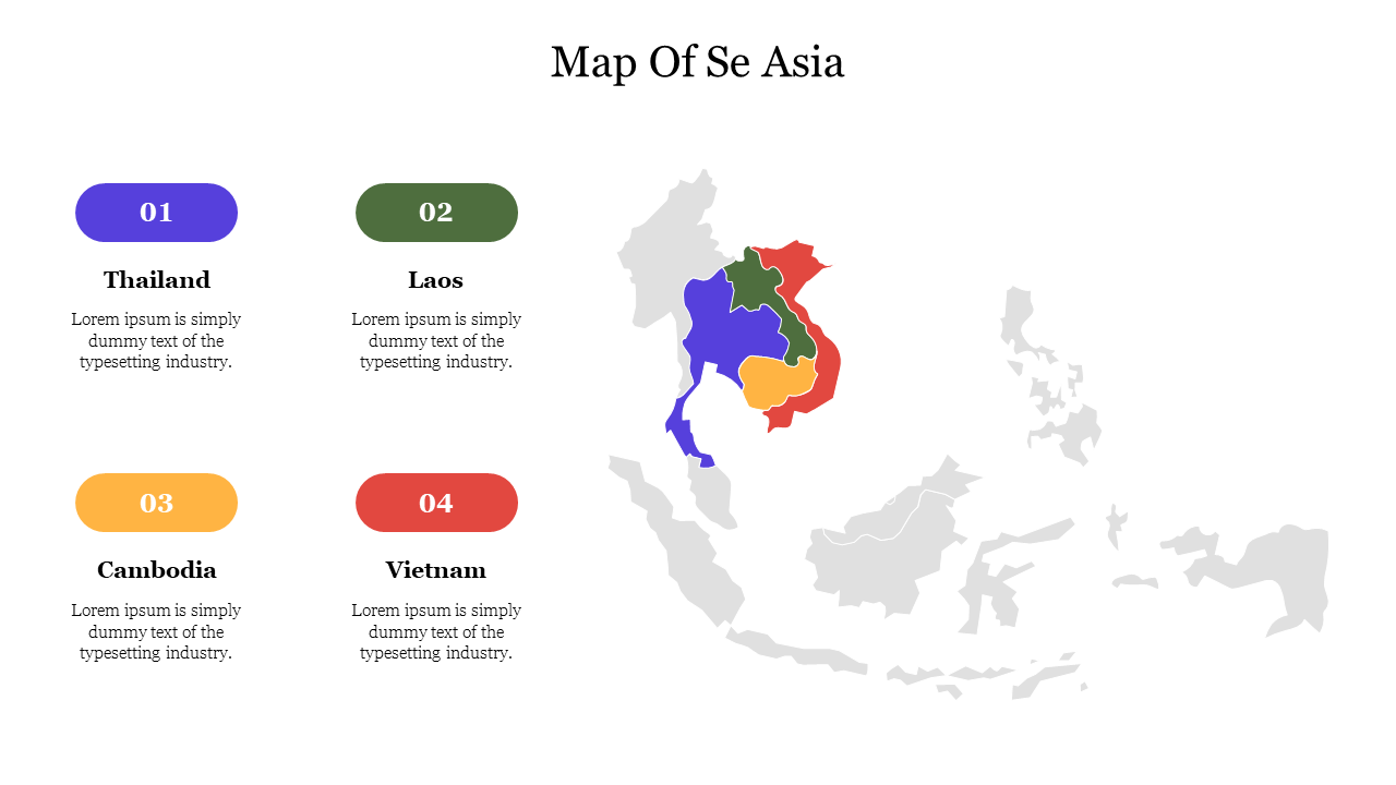 Map of Southeast Asia highlighting four countries thailand, laos, cambodia, and vietnam, with labeled regions.