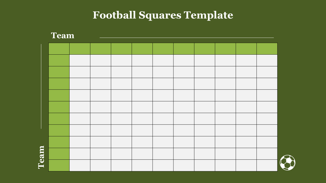 Football squares template with a green theme, grid layout, and soccer ball icon in the bottom right corner.