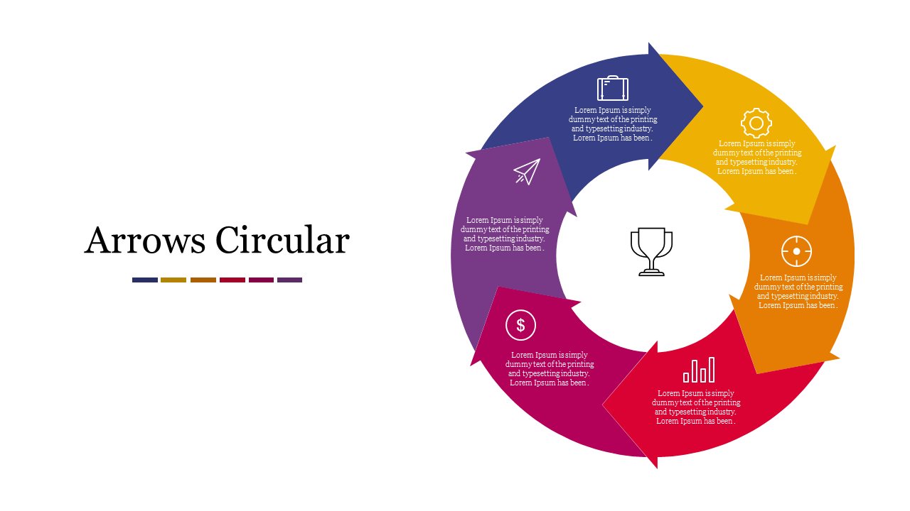 Circular arrows infographic slide with five colorful sections, each containing an icon and text, surrounding a trophy icon.