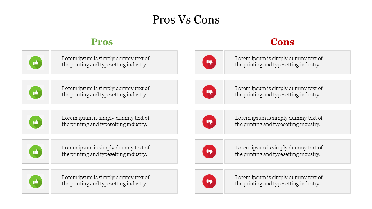 Pros vs Cons table with green thumbs up icons for positive points and red thumbs down icons with text captions.