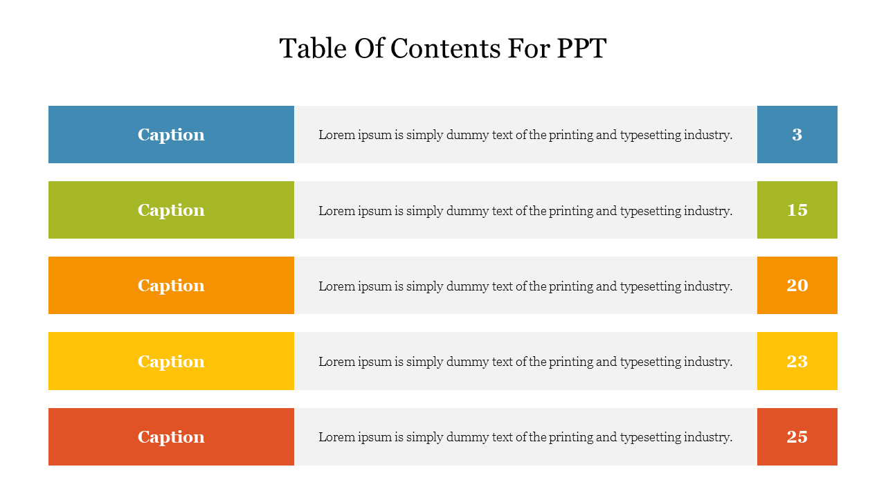 Table of contents with five colored rows in blue, green, orange, yellow, and red, each containing captions and numbers.