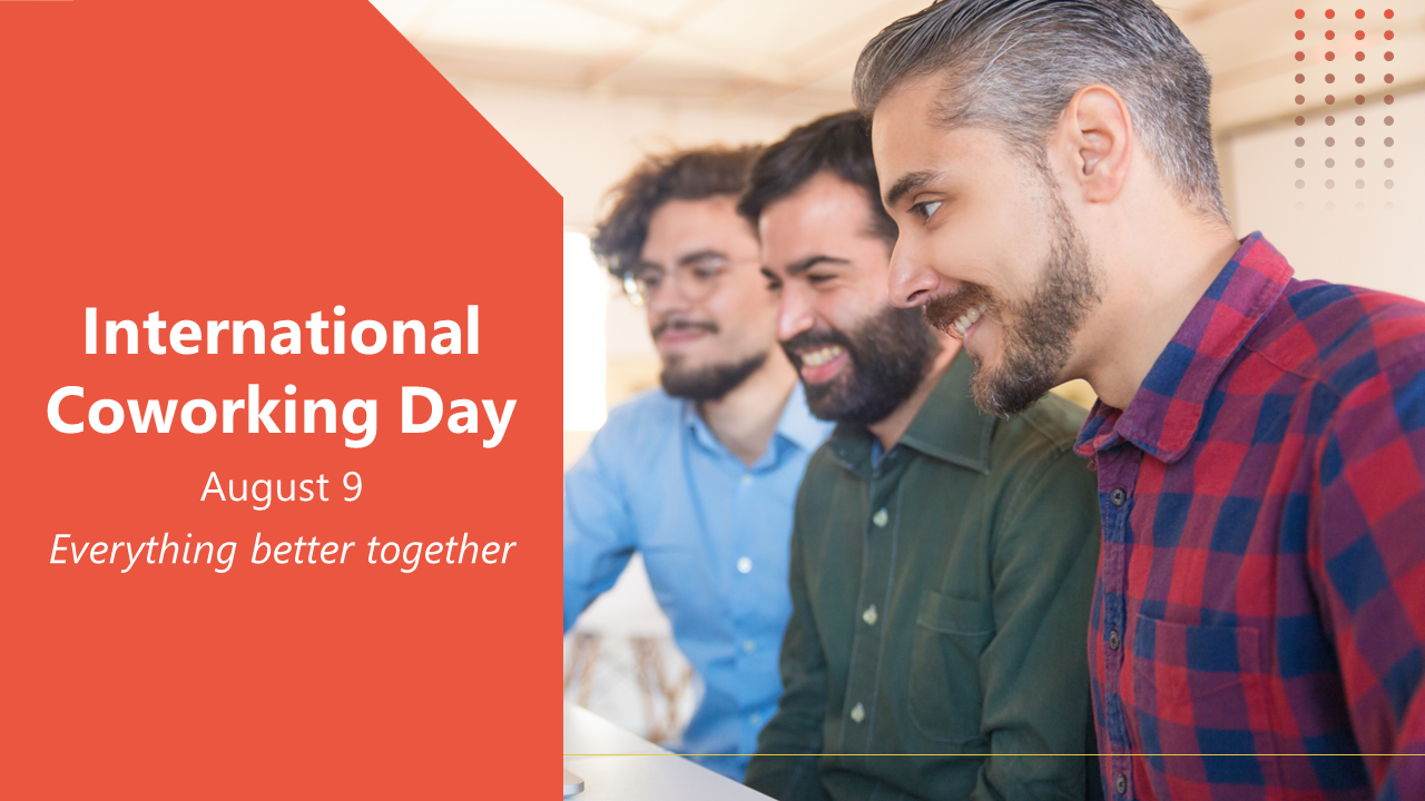 Smiling group of colleagues with an orange side panel for International coworking day, dated on August 9.