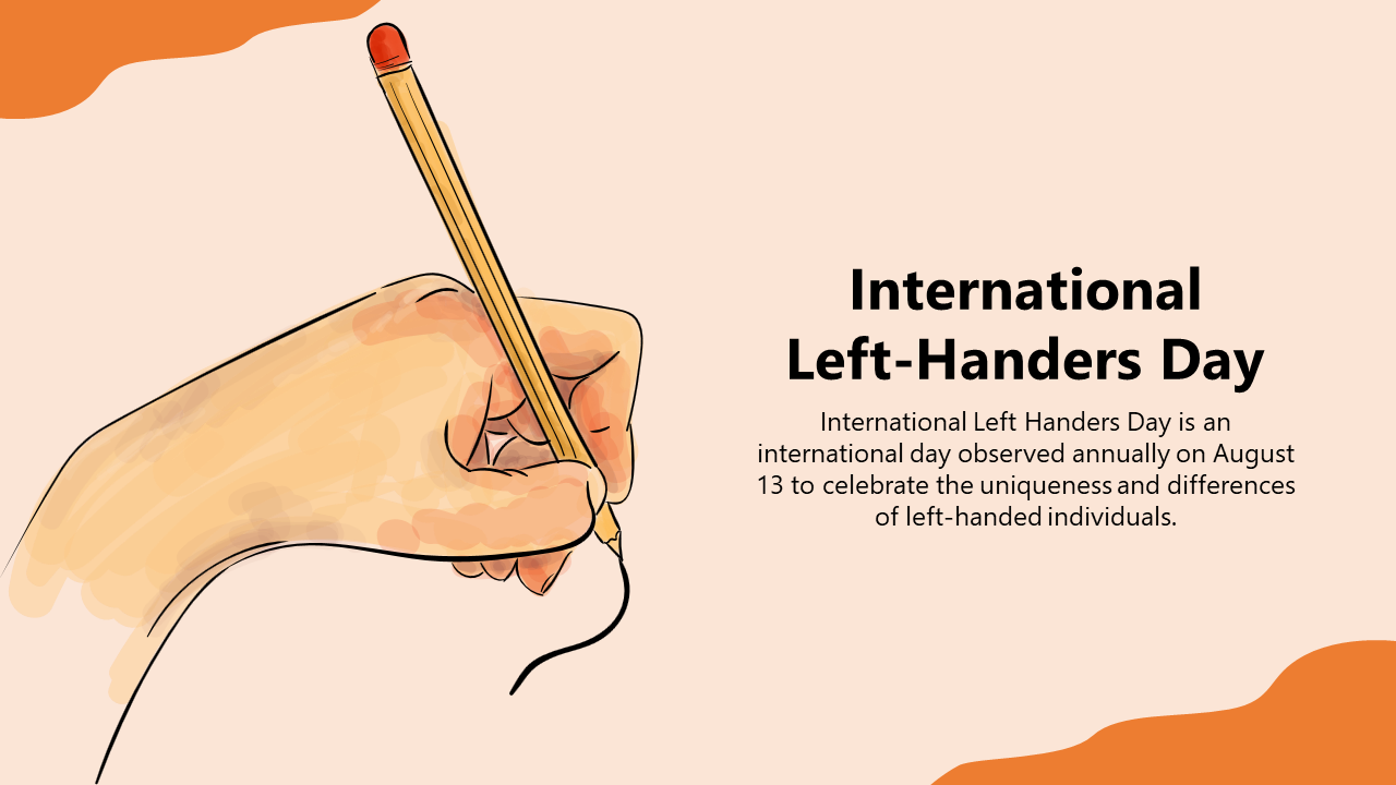 Illustration of a left hand holding a pencil, with text on the right and orange abstract shapes in the corners.