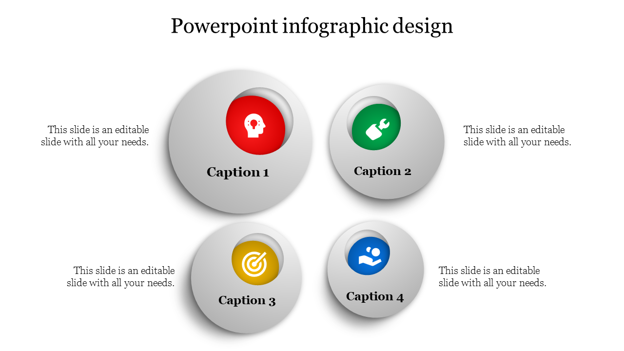 Infographic design with four silver circles containing icons, arranged in a square layout with caption areas.