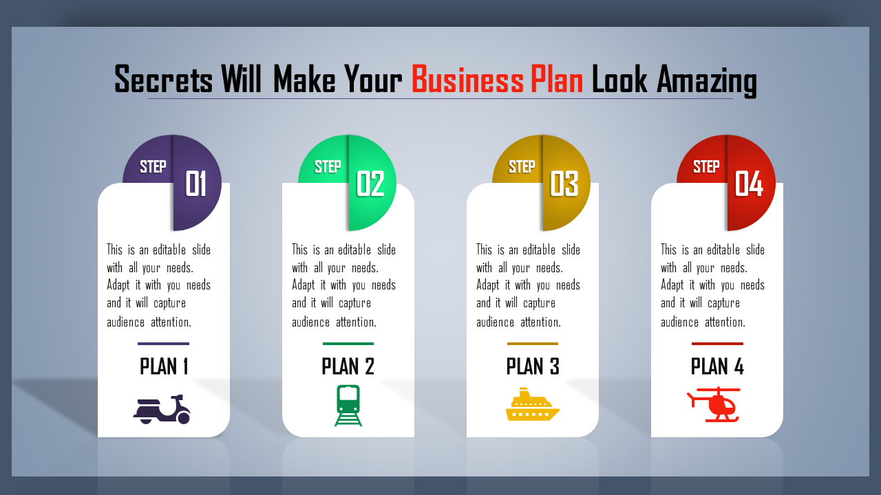 Business plan process with numbered steps and transport icons for each step, labeled with four plans and caption areas.