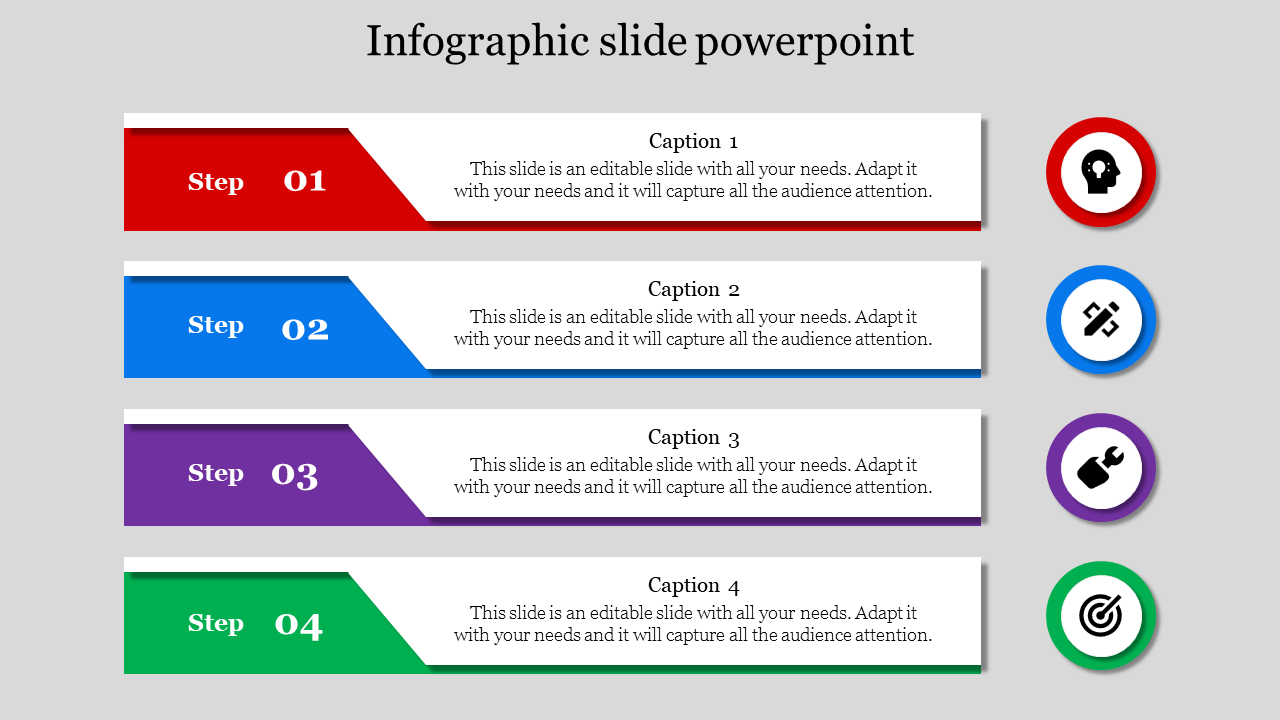 Slide featuring a colorful infographic layout with four steps and corresponding icons with placeholder text.