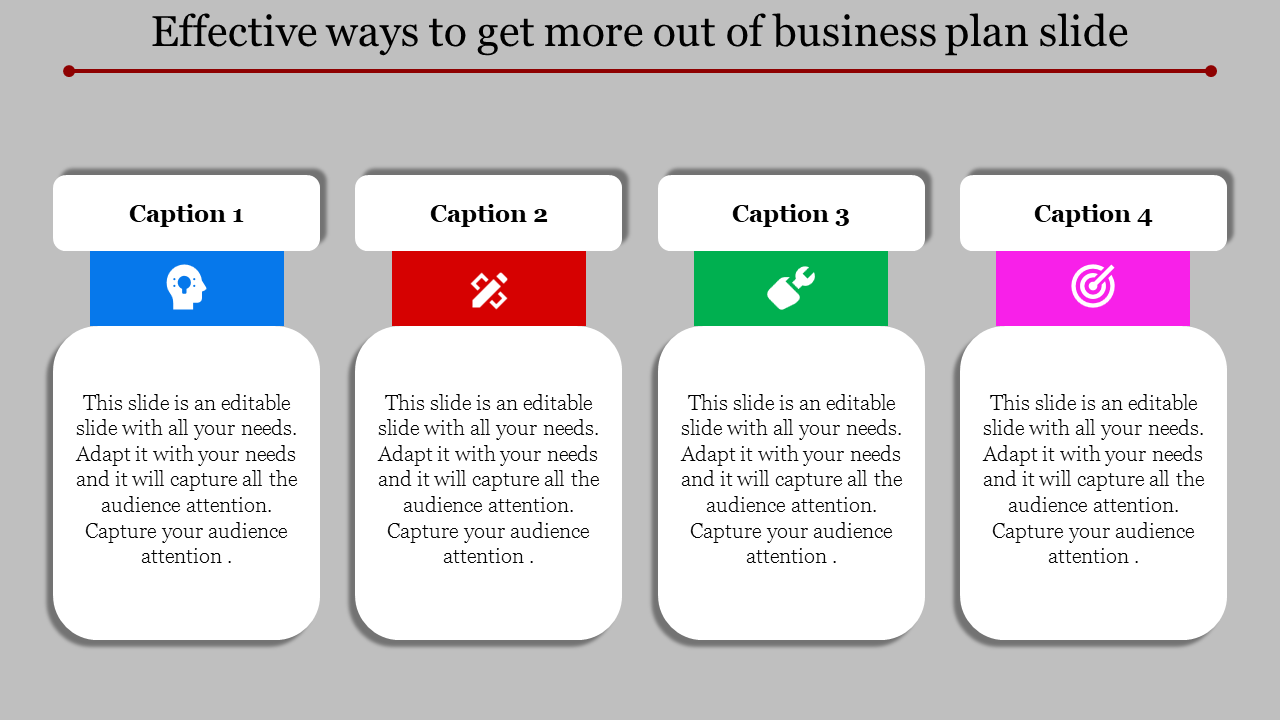 Business plan slide featuring four caption boxes with icons representing thinking, collaboration, tools, and targets.