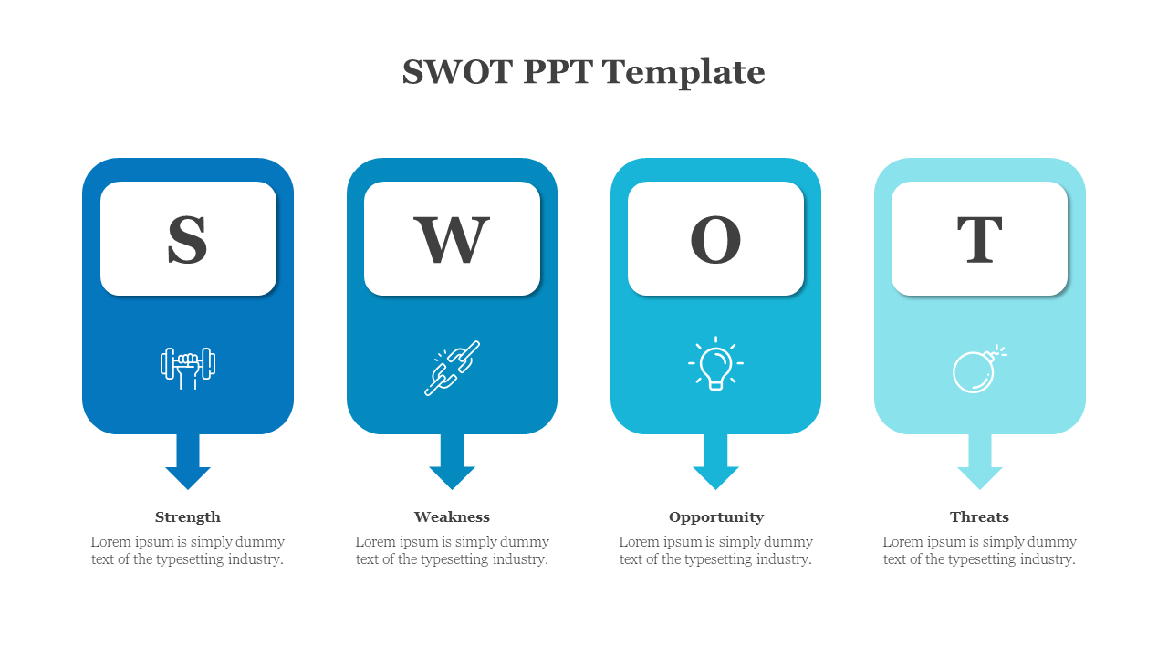 SWOT diagram featuring labeled blue boxes with arrows pointing downward and corresponding icons below.