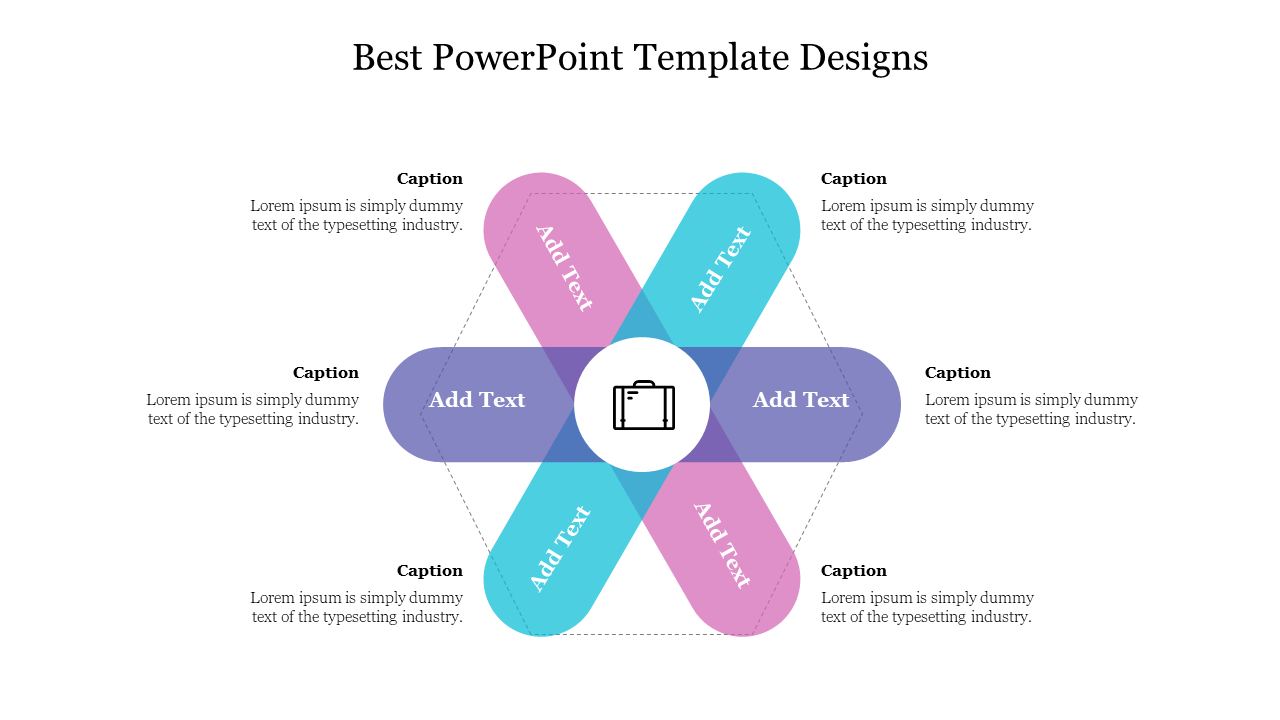 Creative slide with a central icon surrounded by four colorful segments, each with placeholder text for captions and content.