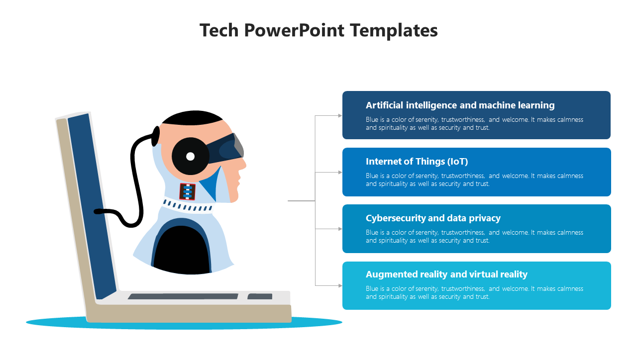 Tech PowerPoint slide with a futuristic design featuring key topics from artificial intelligence to virtual reality.