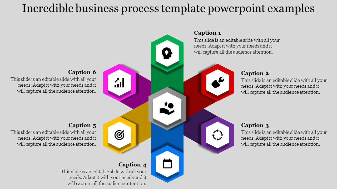 Business process template with hexagon icons representing various business processes, each with a caption.