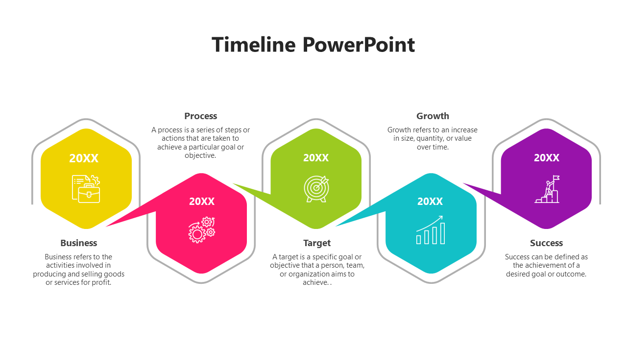 A colorful timeline with five hexagons in yellow, pink, green, teal, and purple, each containing a year and icons.