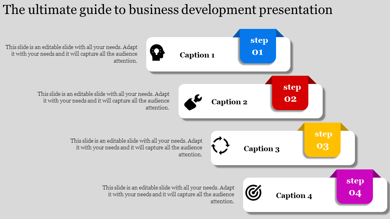 Business strategy slide featuring four steps with colorful triangular headers, each containing an icon and a caption areas.