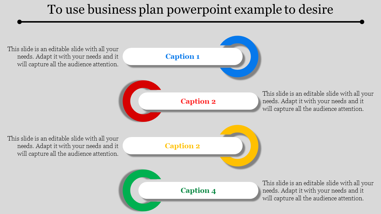 Four horizontal bars with captions in blue, red, yellow, and green circles, aligned vertically on a gray background.