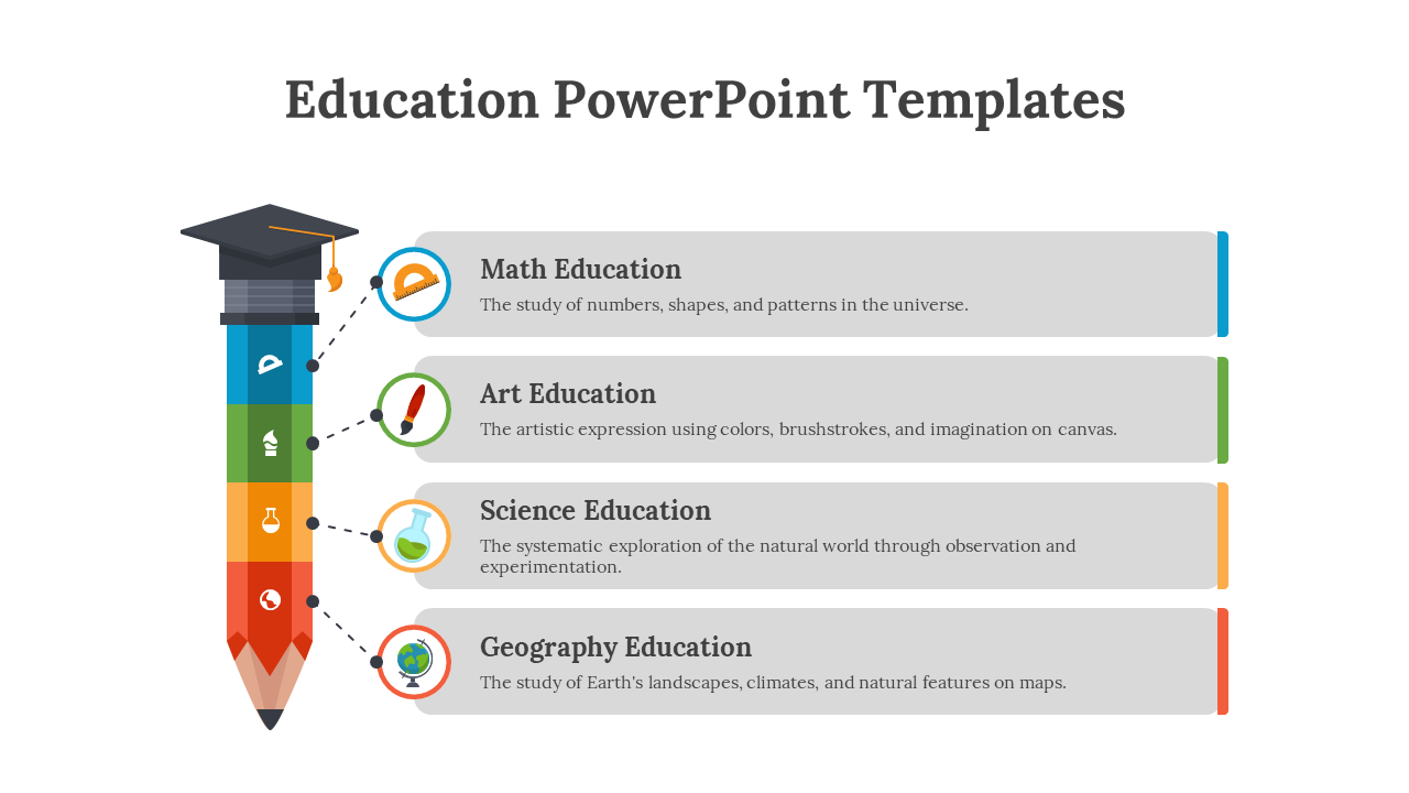 Colorful pencil infographic with education icons and a graduation cap, branching into four labeled sections.