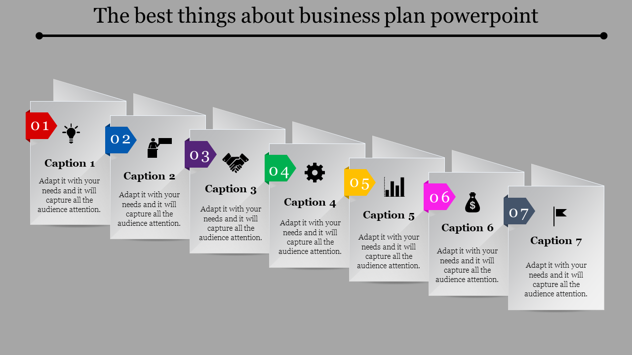 Business plan PowerPoint template with seven sections, each with an icon and caption describing the content.