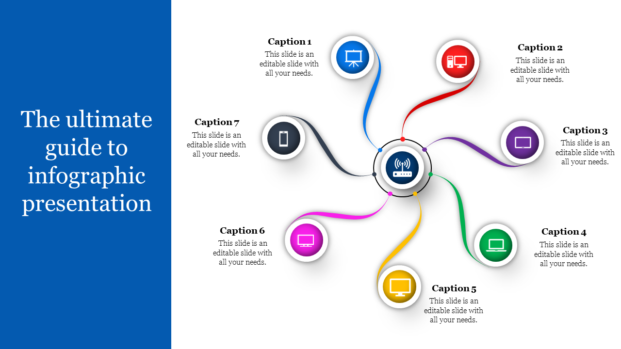 Infographic presentation slide featuring a central icon with seven colorful branches connecting to captions and icons.