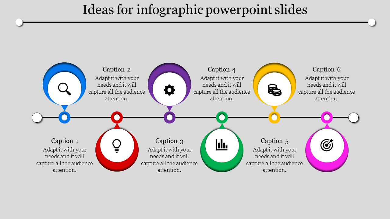 Business infographic design featuring six colored sections, each with a different icon representing concepts.