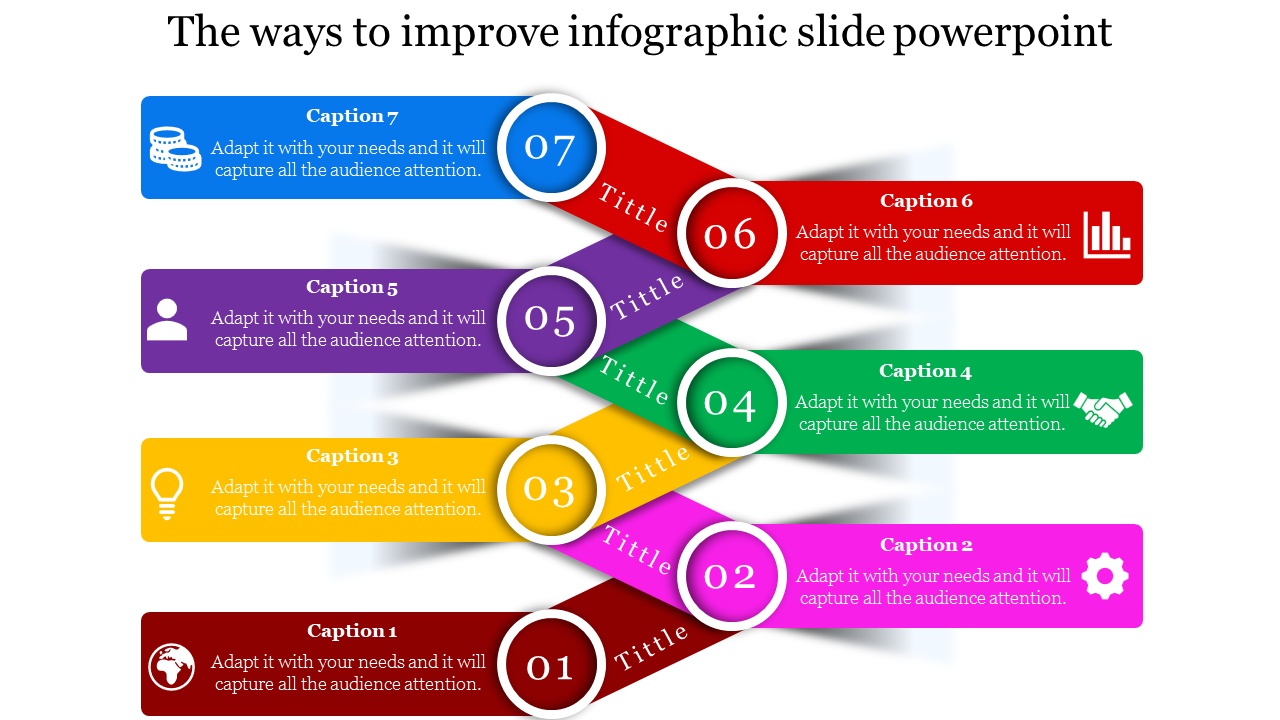 Colorful infographic slide with numbered captions representing data, growth, and collaboration with icons.