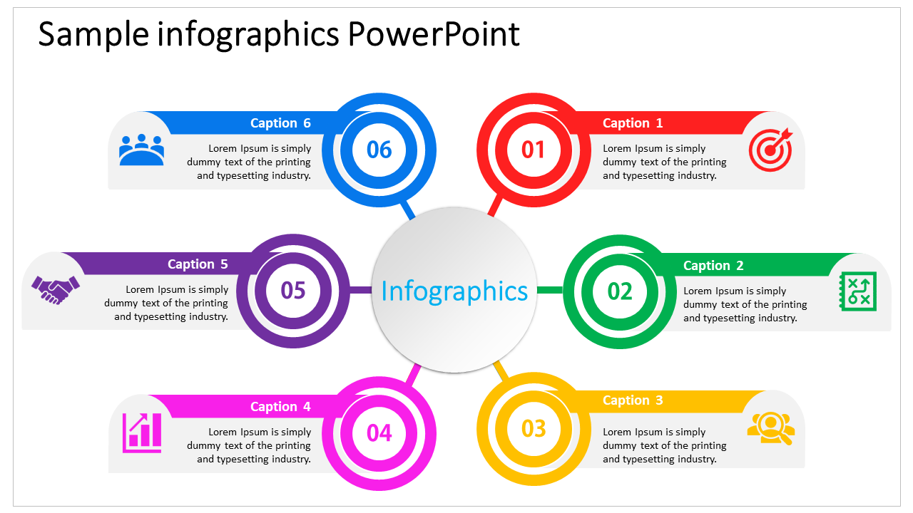 Circular infographic with six colorful segments, labeled 01 to 06, surrounding a central infographics circle.