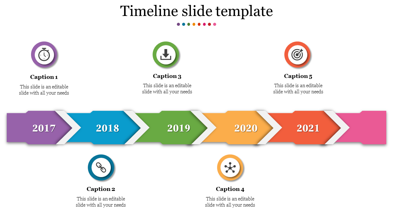 Colorful timeline slide showing years from 2017 to 2021, with sections for captions and icons.