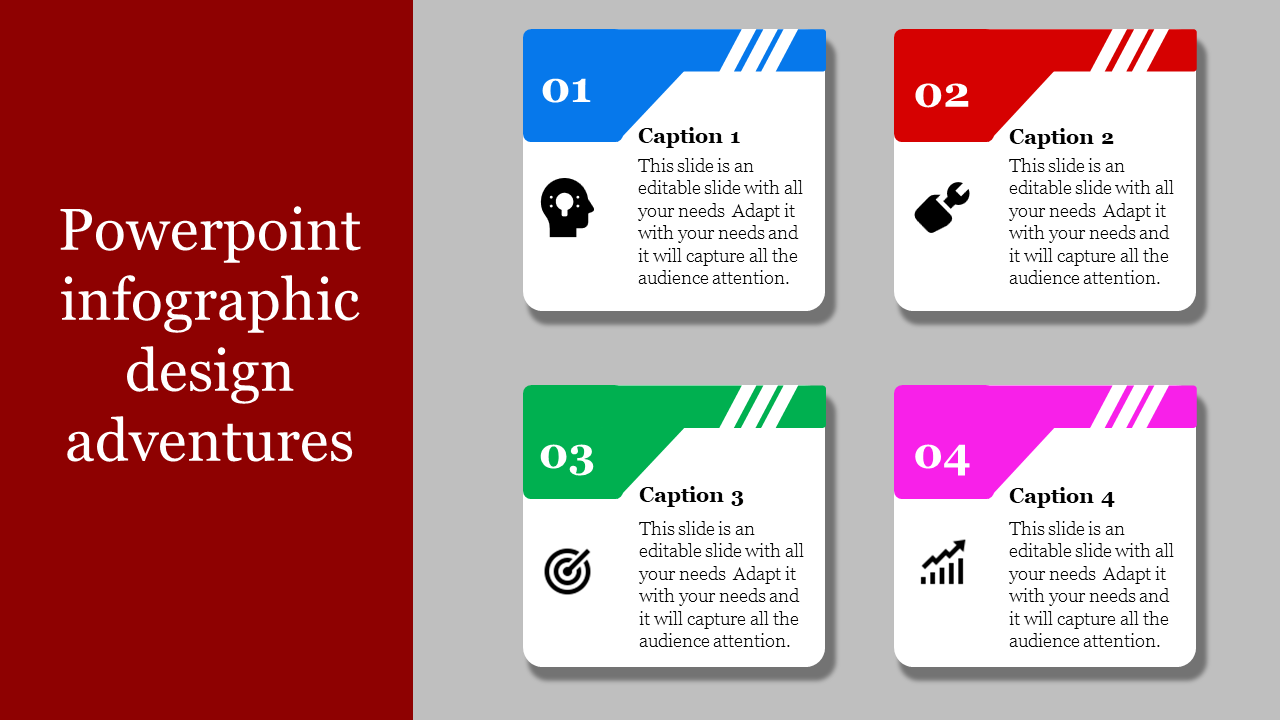 Four-panel infographic template showcasing numbered cards with bold colors and caption areas.