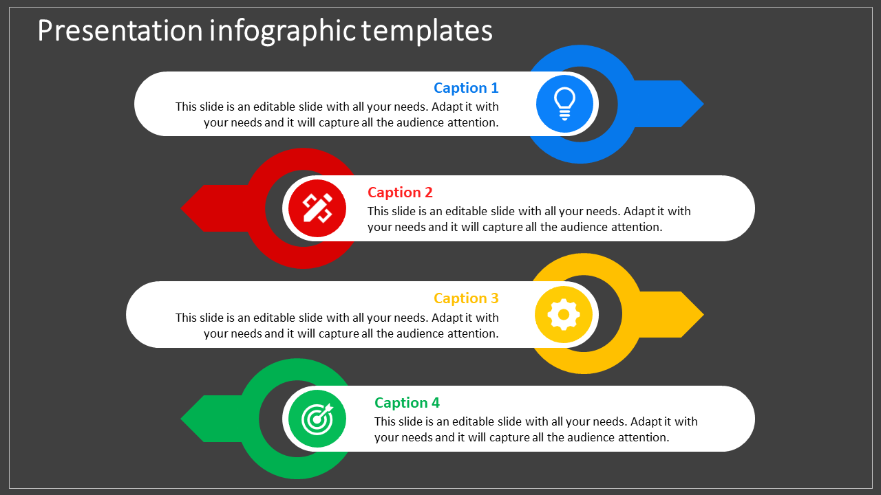 Four horizontal infographic sections in blue, red, yellow, and green with icons and captions on a dark gray background.