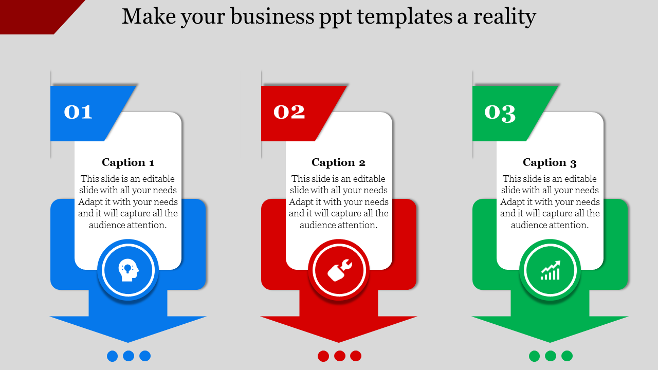 Business slide with three downward arrows, each featuring a caption areas and icons representing a concept.