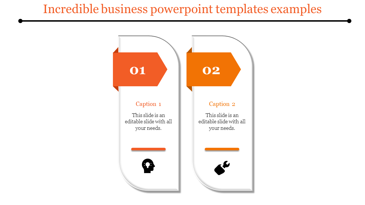 Two-step infographic with orange arrow-shaped headers, captions, and icons below with two captions areas.