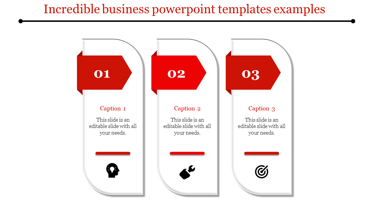 Three step business process with curved panels containing red arrows, captions, and icons on a white background.