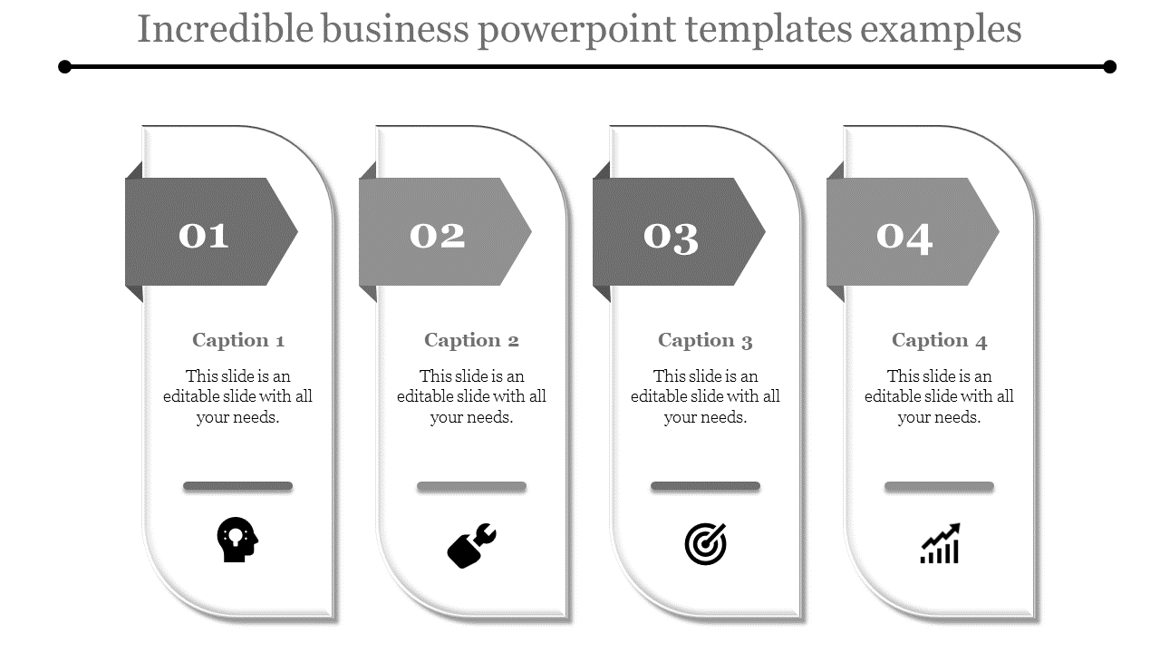 A business PowerPoint slide showcasing four steps with icons such as a brain, wrench, target, and graph with captions.