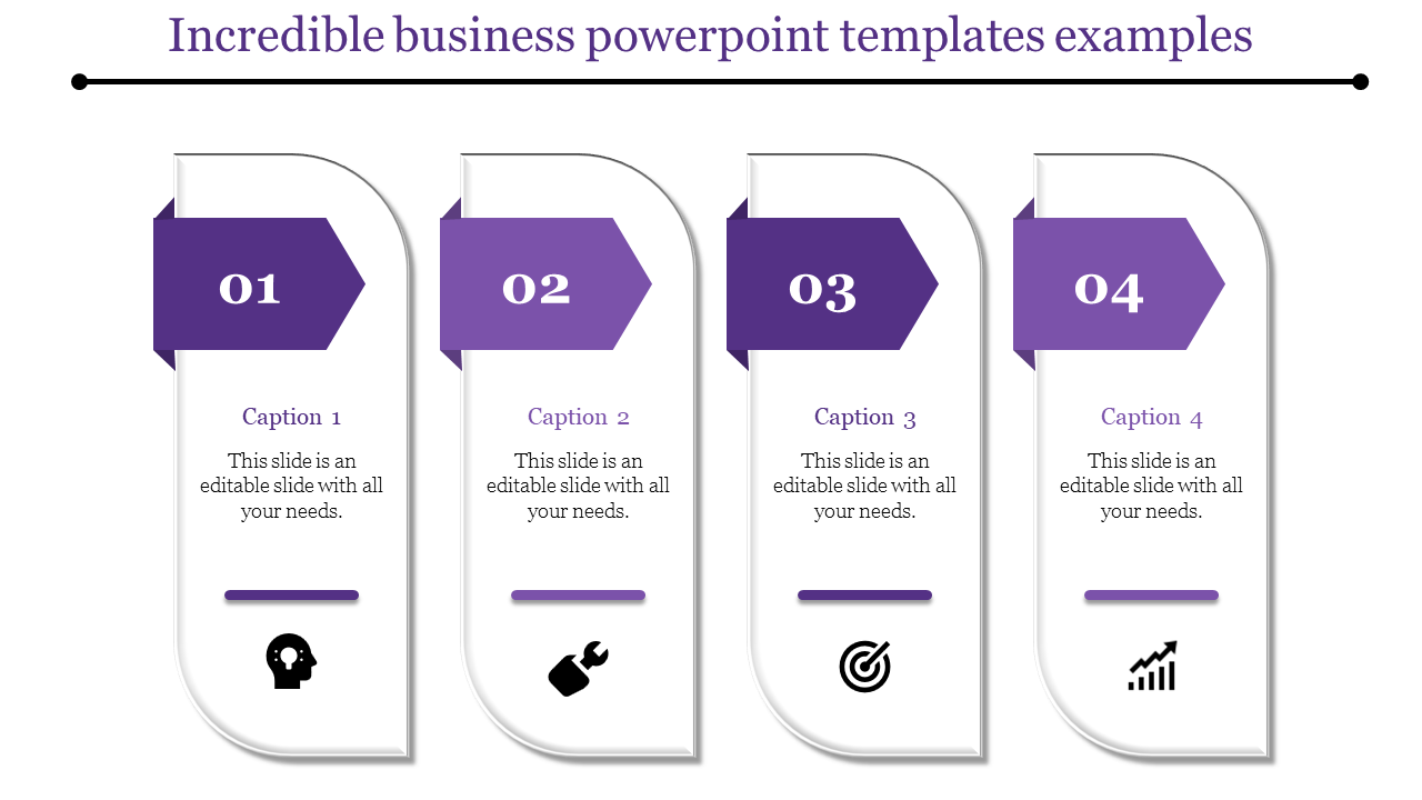 Four curved rectangular sections with purple numbered headers and icons at the bottom, set on a white background.