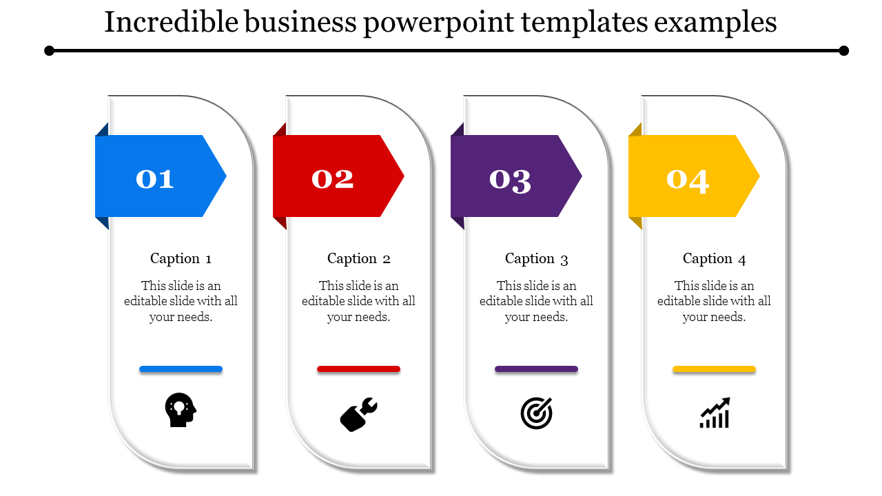 Business PowerPoint template with four sections, each showcasing different captions and icons.