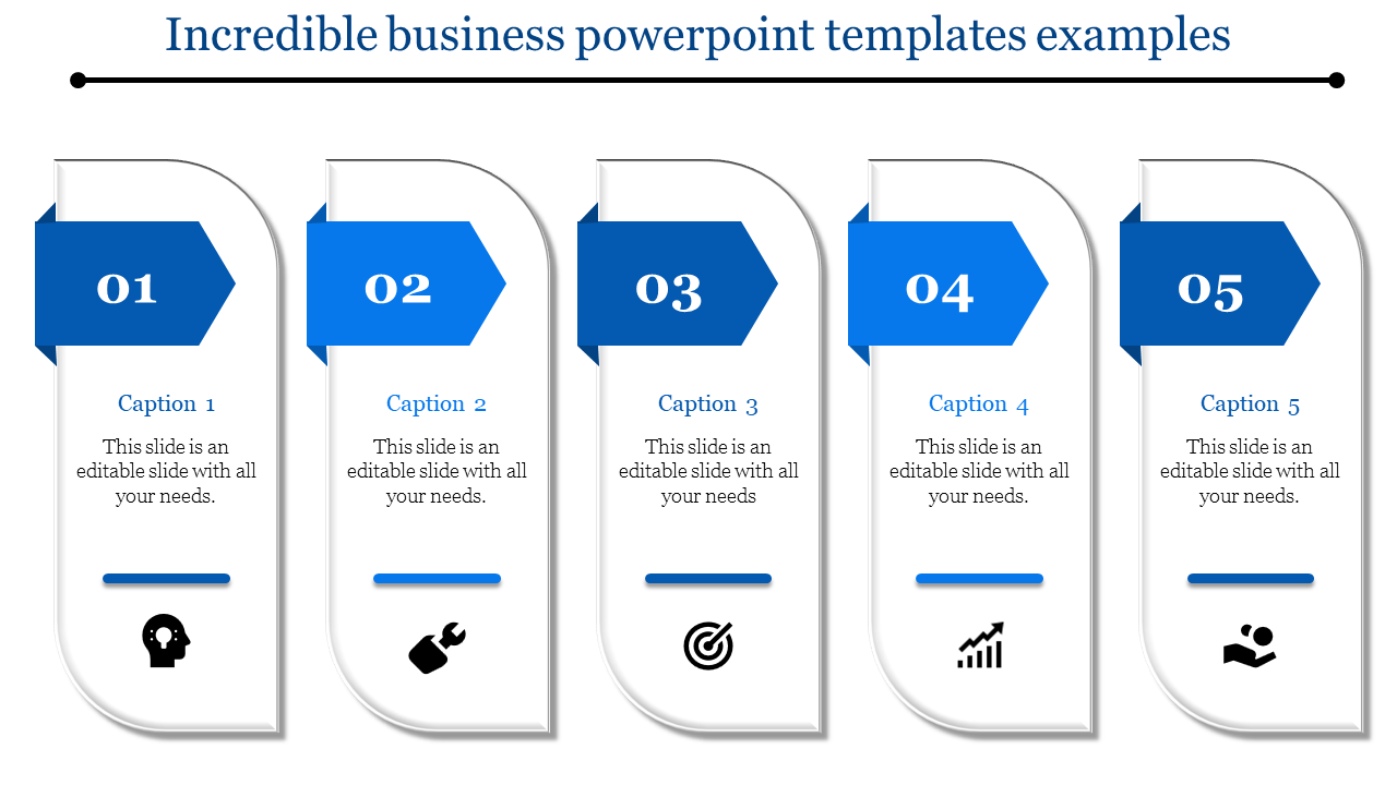 Business PPT slide with 5 numbered sections in blue, showcasing icons representing ideas, tools, goals, growth, and teamwork.