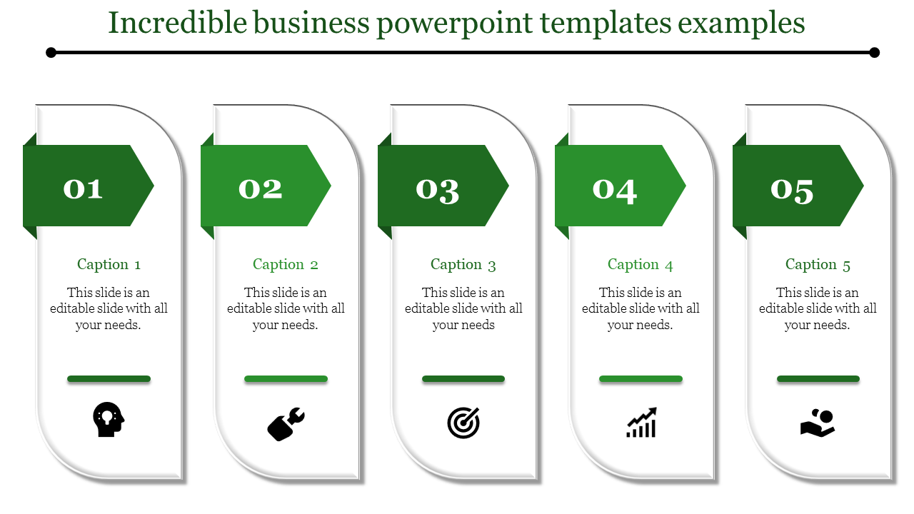 Five vertical banners with green arrows, captions, and icons representing ideas, tools, targets, growth, and success.