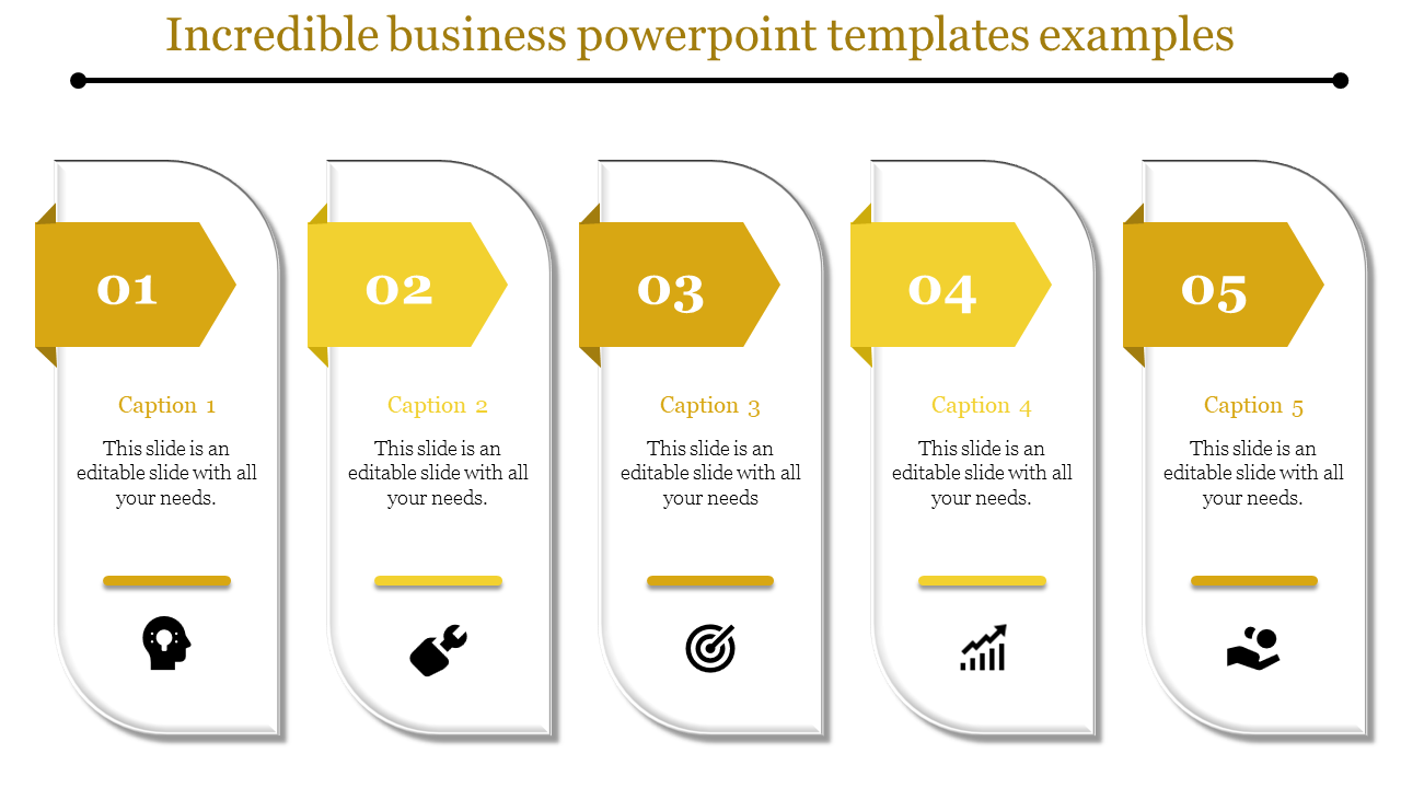 Business slide featuring five steps, each highlighted with yellow arrows, paired with black icons and captions.