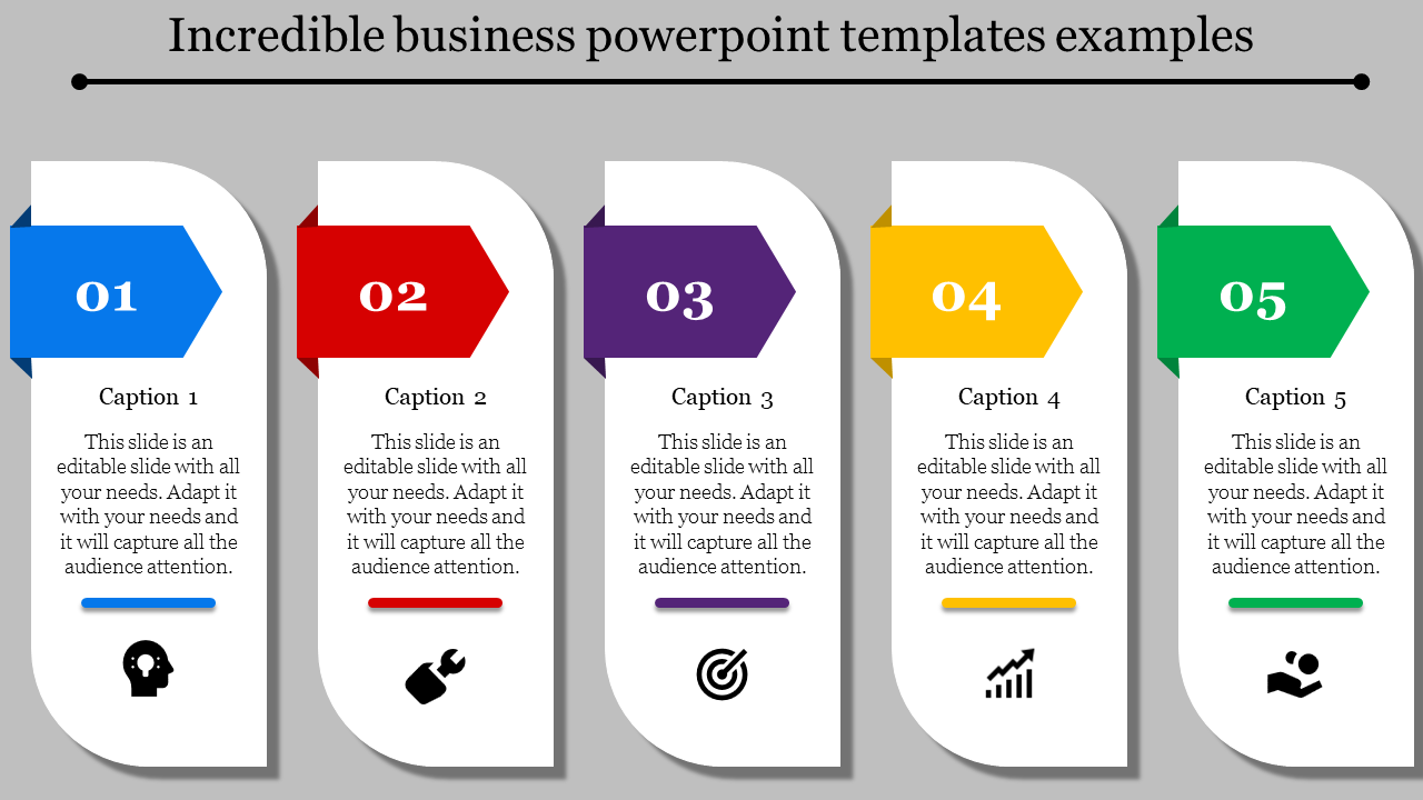 Business slide featuring five sections with arrows and captions, each with icons brain, wrench, target, graph, and people.