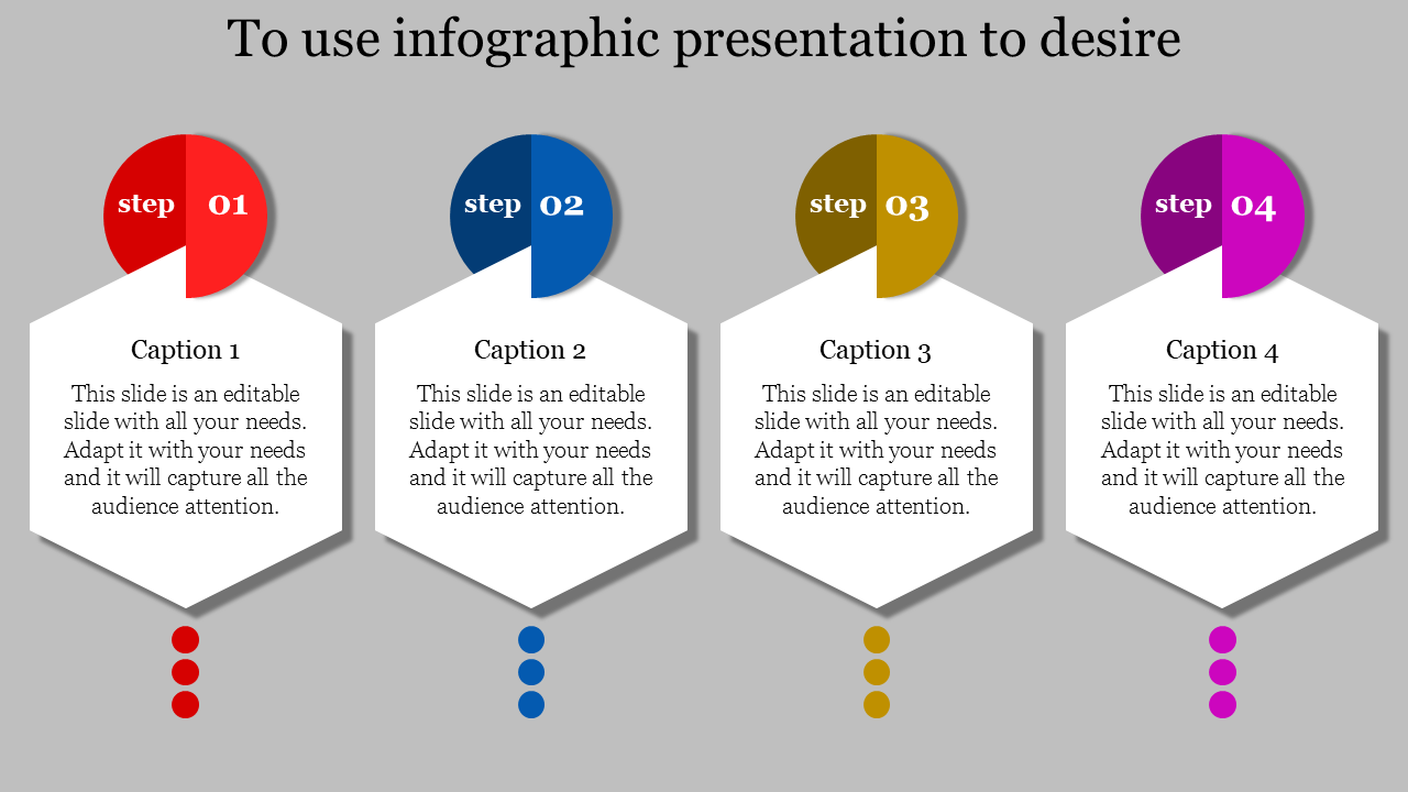 Infographic with four hexagon-shaped boxes for steps, each labeled with a different color and caption.