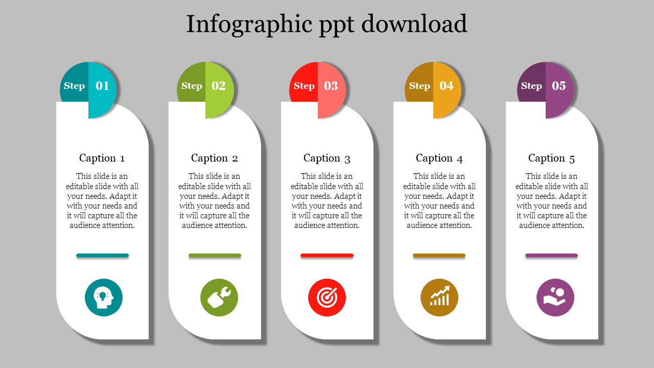 Infographic PowerPoint template with five numbered steps, each with an icon and caption space for content.