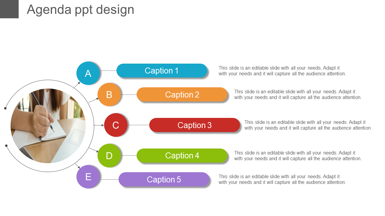 Agenda PowerPoint slide design with colored arrows and captions, accompanied by a hand drawing in the center.