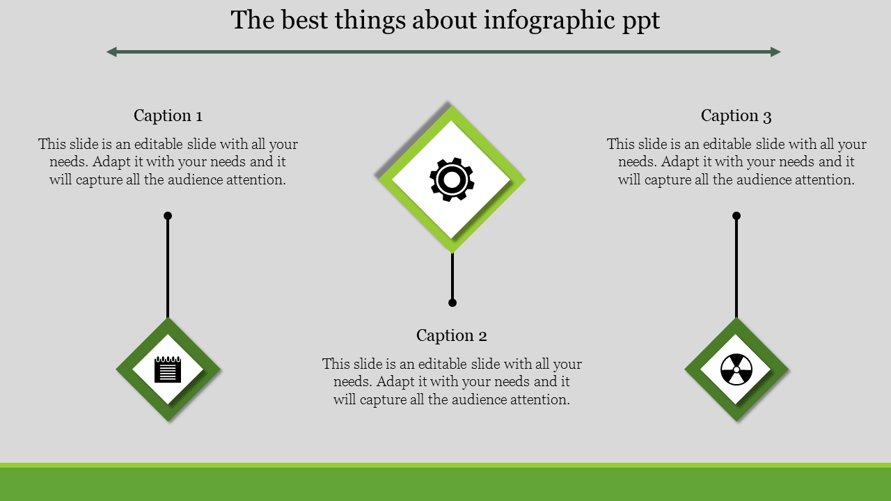 Infographic template featuring three green diamonds with symbols and placeholder captions for content.