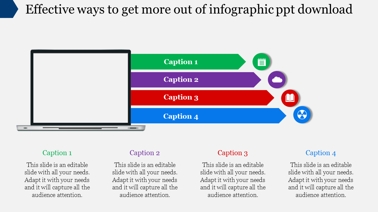 PowerPoint infographic template featuring a laptop graphic and four horizontal bars labeled with captions and icons.