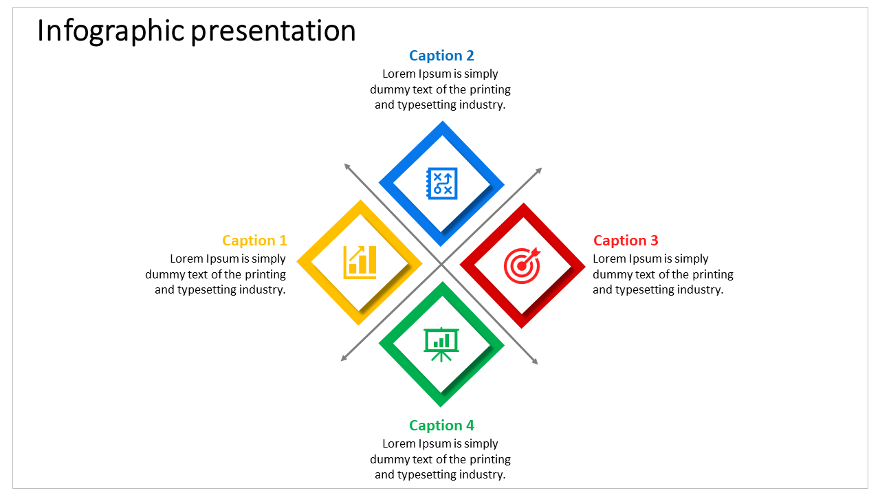 Infographic layout with diamond-shaped icons for analytics, strategy, goals, and presentation, arranged in a cross pattern.