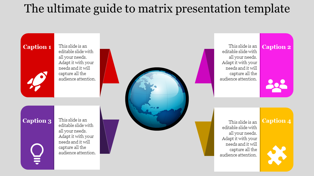 Global matrix infographic with four caption boxes in different colors, each containing text and an icon around a globe graphic