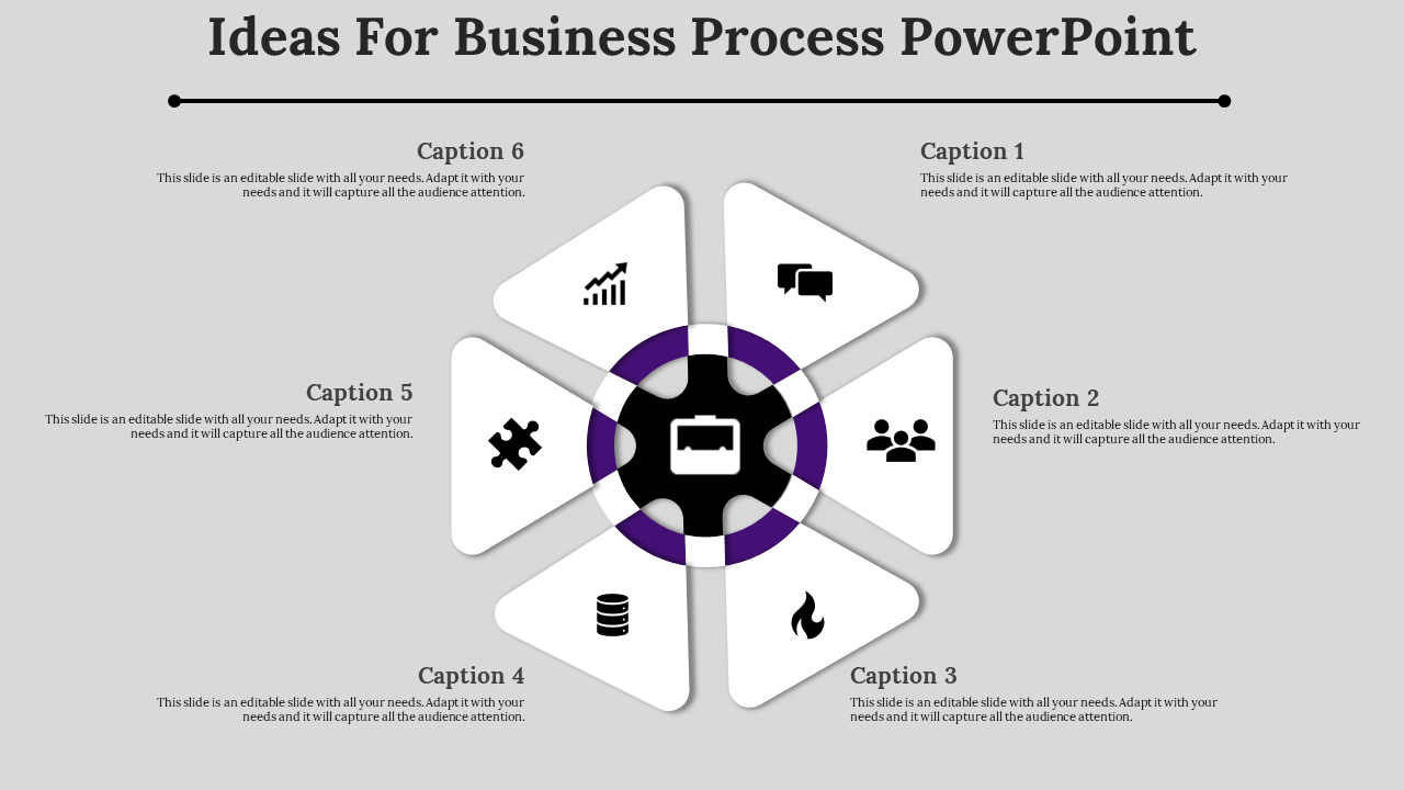 Business process PowerPoint template featuring six interconnected stages with descriptive captions.